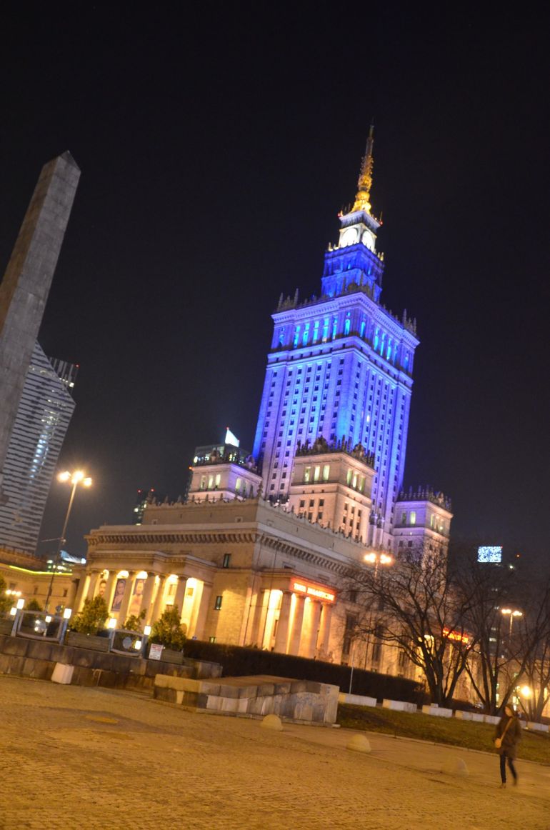 The Palace of Culture and Science in the colours of the Ukrainian flag