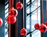 Christmas balls are hung on both sides of a three-storey high main hall