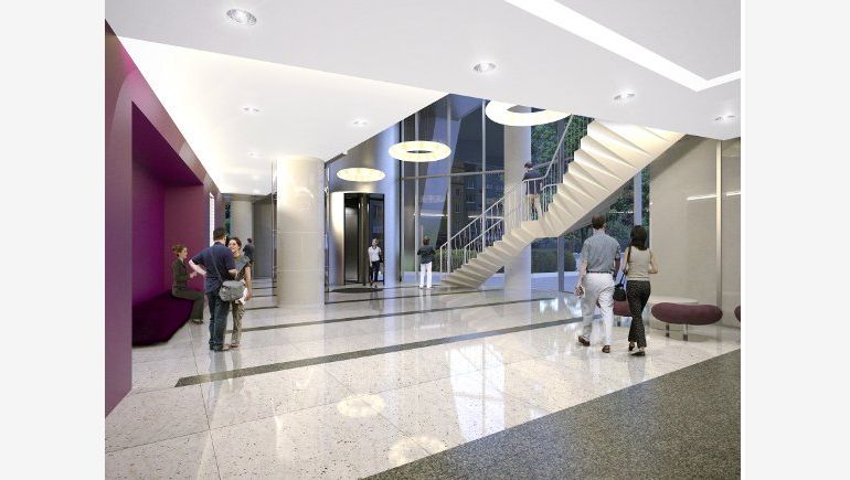 The visualisation depicts the interior of the Neptun office building - implemented by Budimex.