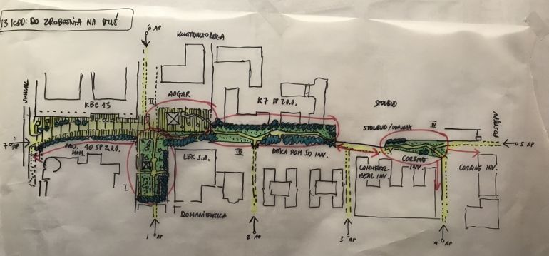 Rysunek poglądowy dla przestrzeni w kwartale ulic Domaniewska-Suwak-Konstruktorska-Postępu, opracowany przez Biuro Architektury i Planowania Przestrzennego m.st. Warszawy