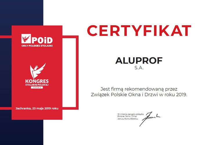  - Certyfikat dla Aluprof S.A., fot. materiały prasowe