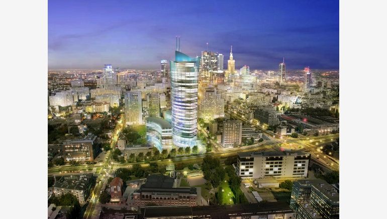 Wizualizacja warszawskiego biurowca Warsaw Spire, realizowanego przez Ghelamco