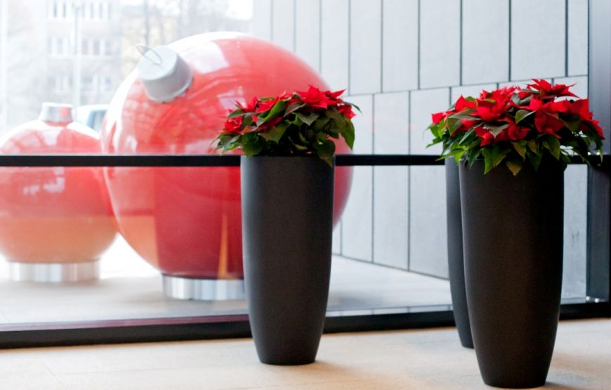  - Additional ornaments of the decoration are graphite planters with red poinsettias